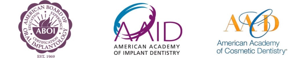 American Board of Oral Implantology, American Academy of Implant Dentistry, and American Academy of Cosmetic Dentistry Credential Logos